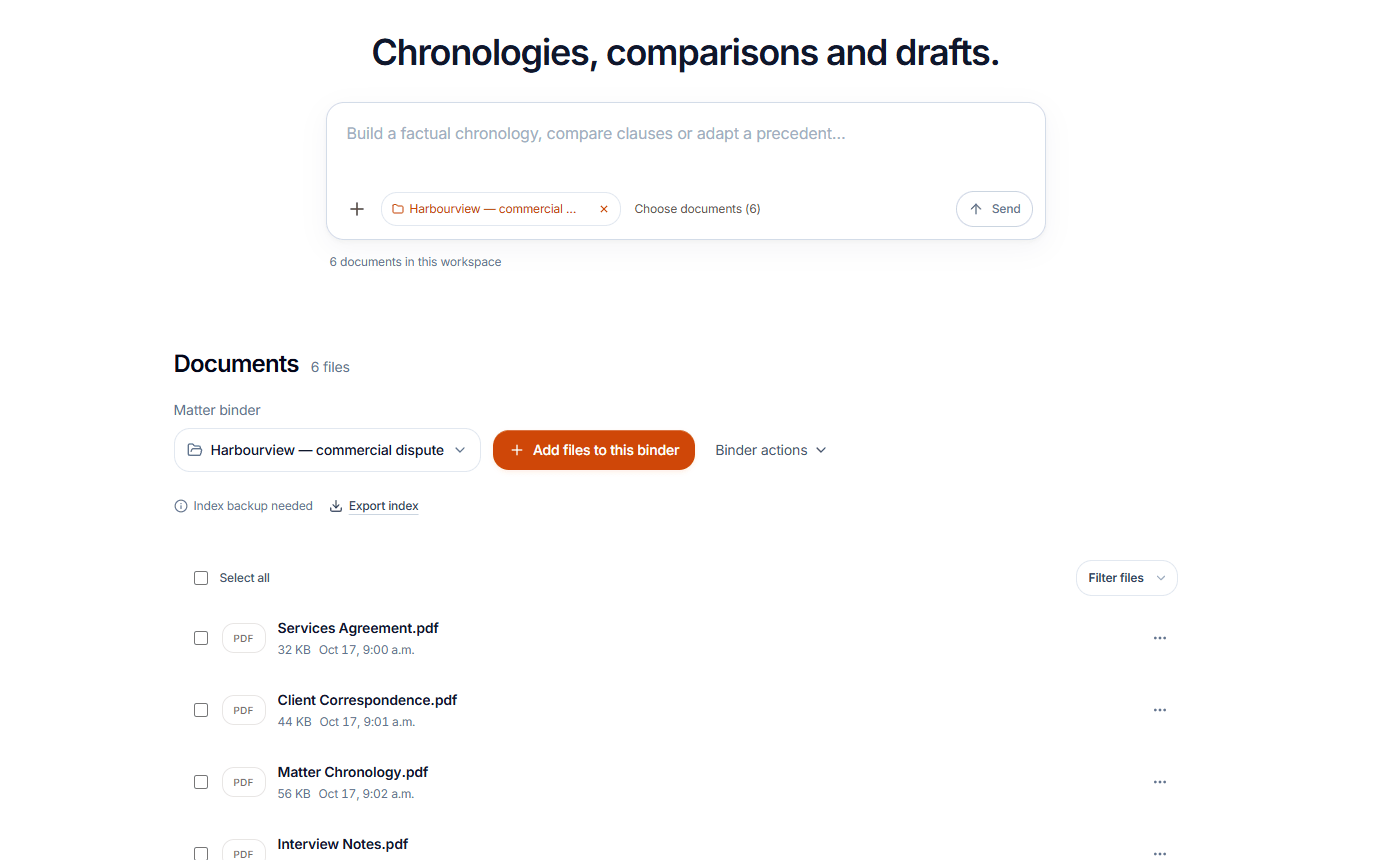 TruLexa Matter Documents workspace with a selected matter binder, document list and instructions for factual chronologies, comparisons and drafts