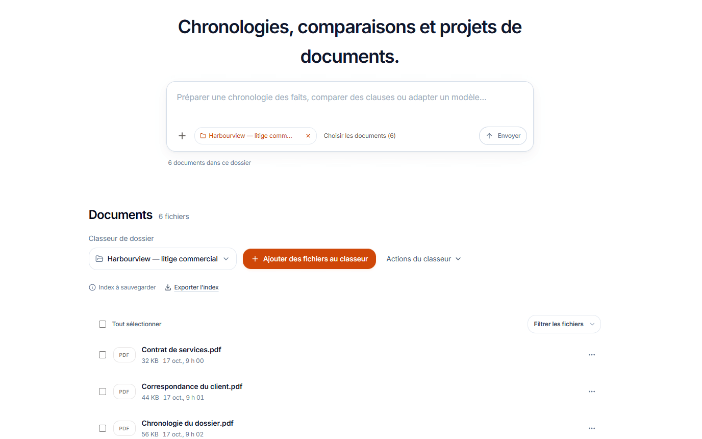 Espace Documents du dossier de TruLexa avec un classeur sélectionné, une liste de pièces et des instructions pour préparer des chronologies, des comparaisons et des projets de documents